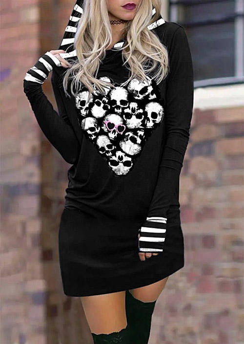 

Halloween Skull Striped Long Sleeve Hooded Mini Dress - Black, SCM007221