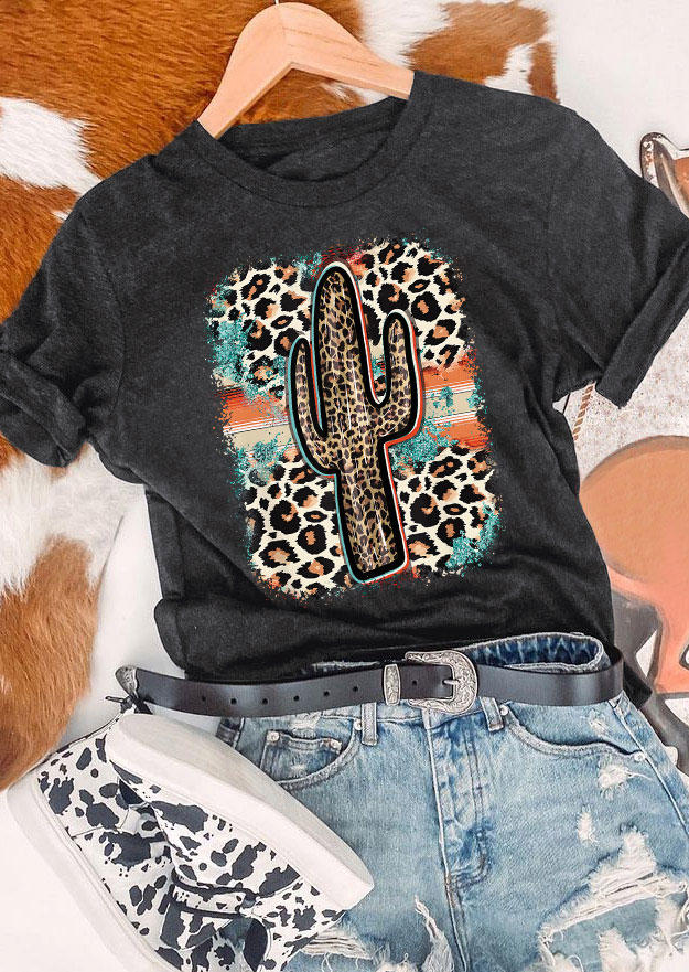 

Leopard Cactus Serape Striped T-Shirt Tee - Dark Grey, Gray, SCM007315