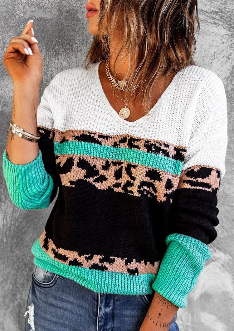 Leopard Color Block Long Sleeve Sweater