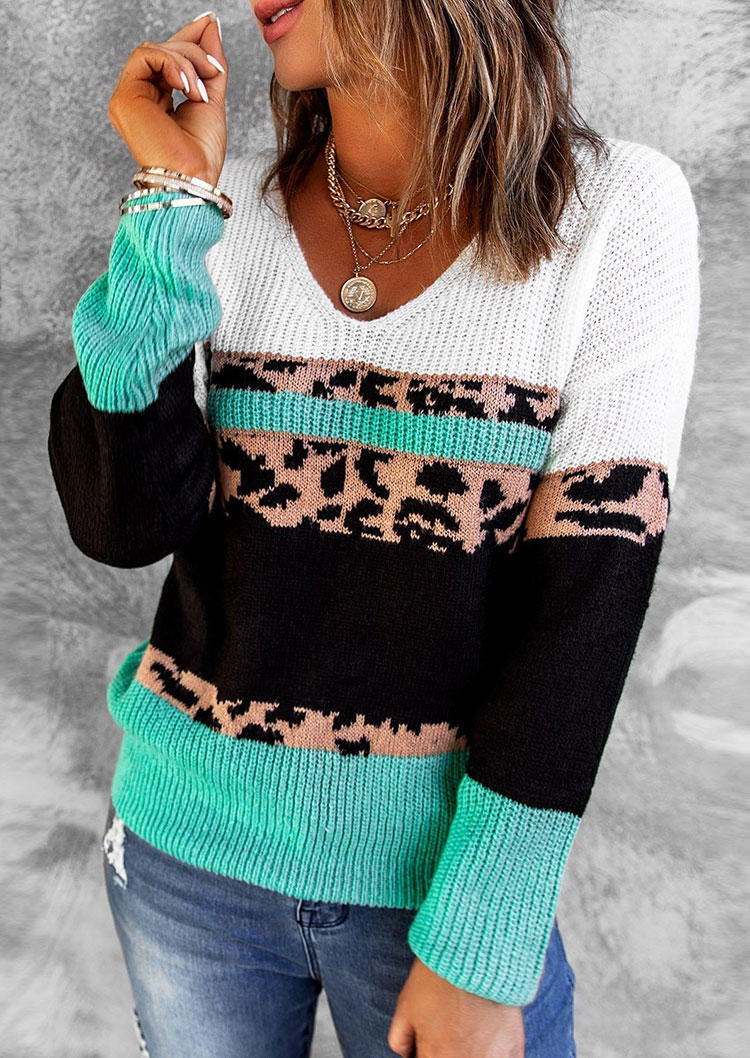 

Leopard Color Block Long Sleeve Sweater, Multicolor, SCM007404