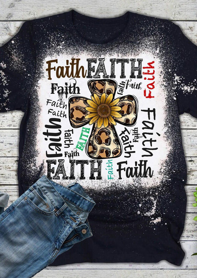 Faith Leopard Cross Sunflower Bleached T-Shirt Tee - Black