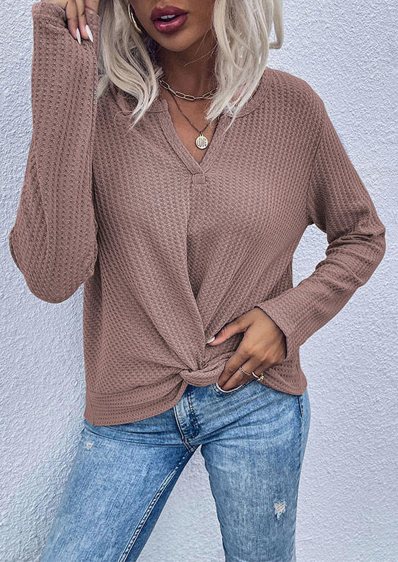 Waffle Twist Notched Neck Blouse - Brown