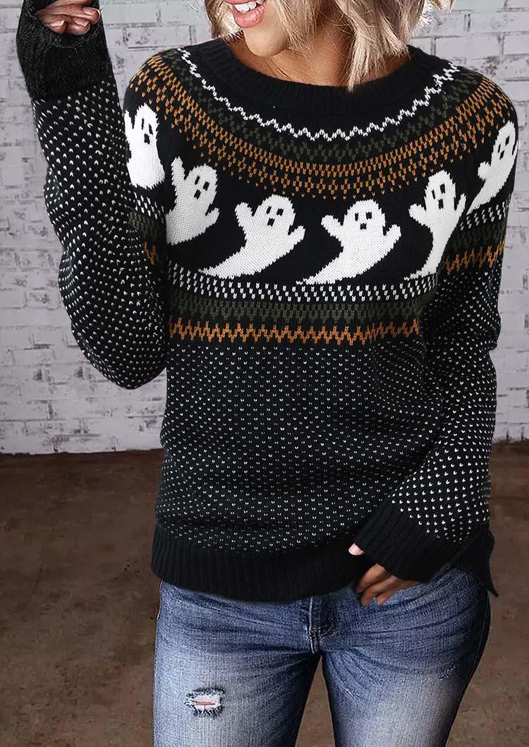 

Halloween Ghost Long Sleeve O-Neck Sweater - Black, SCM007438