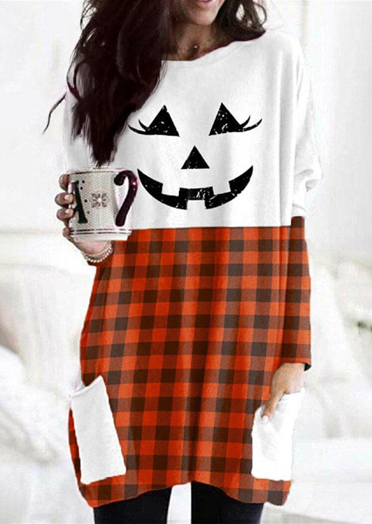

Halloween Pumpkin Face Plaid Pocket Mini Dress, Multicolor, SCM007460