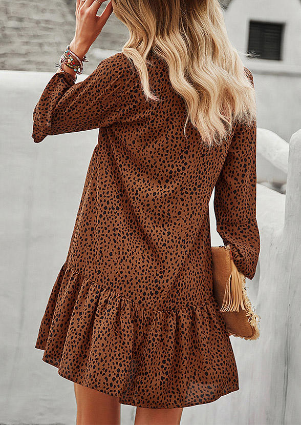 Leopard Button Flare Sleeve Mini Dress - Brown