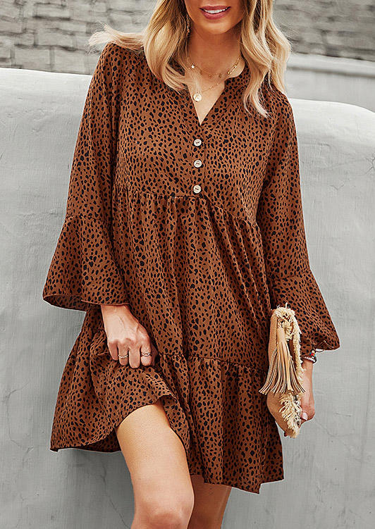 

Leopard Button Flare Sleeve Mini Dress - Brown, SCM007473
