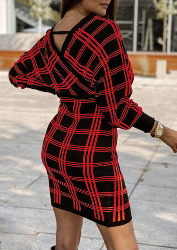 

Buffalo Plaid Open Back Wrap V-Neck Sweater Dress, Multicolor, SCM007474