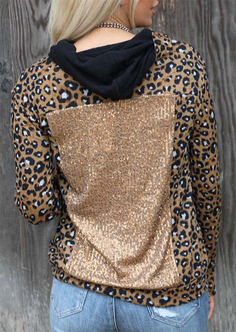 

Leopard Splicing Sequined Thumbhole Long Sleeve Hoodie, Multicolor, SCM007488