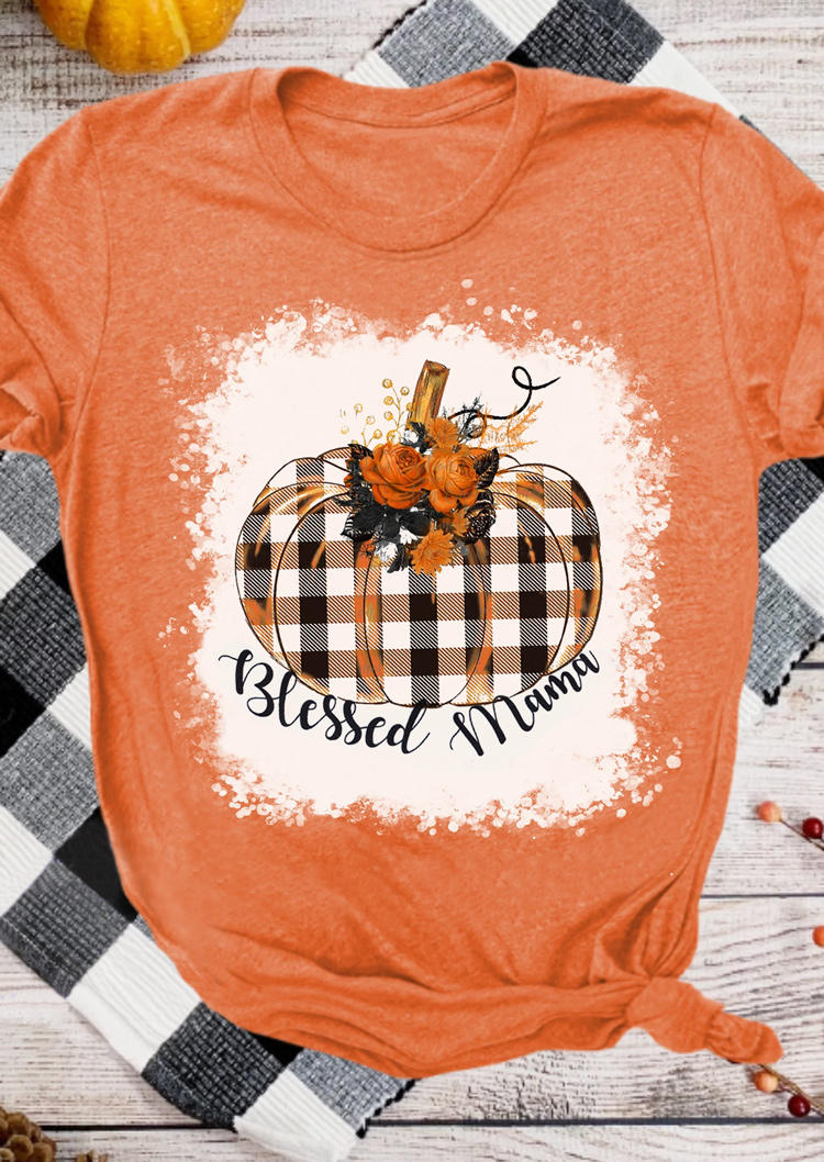 

Blessed Mama Plaid Pumpkin Bleached T-Shirt Tee - Orange, SCM007495