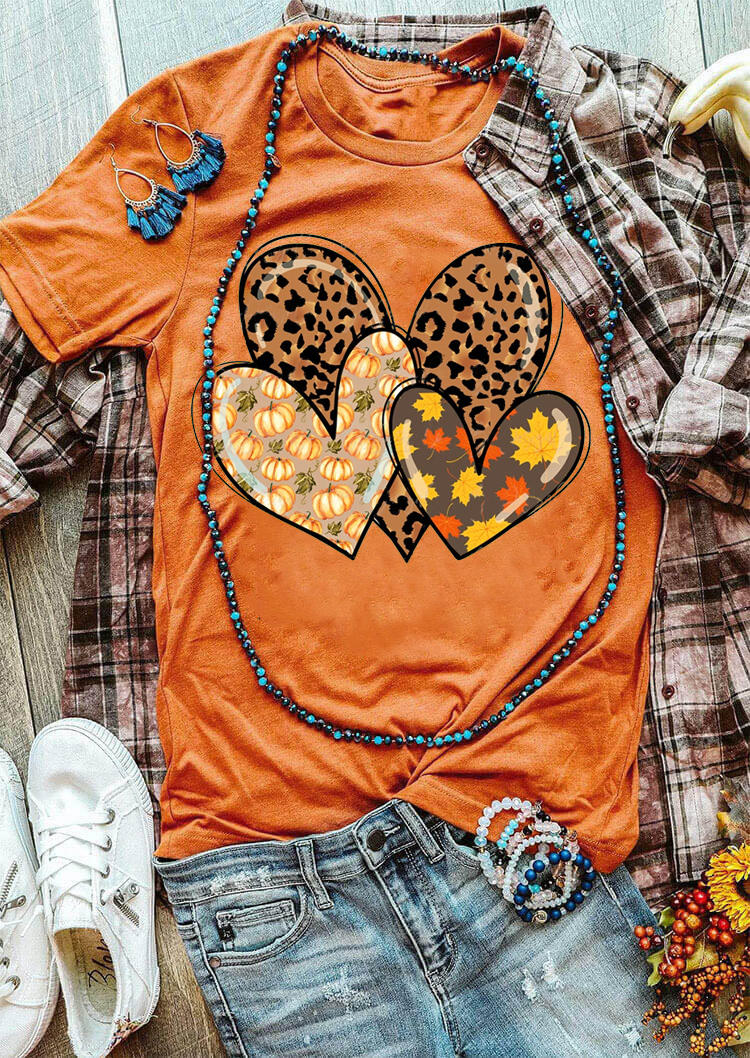 

Leopard Pumpkin Maple Leaf Heart O-Neck T-Shirt Tee - Orange, SCM007496