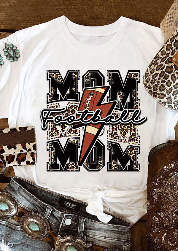 

Football Mom Leopard O-Neck T-Shirt Tee - White, SCM007497