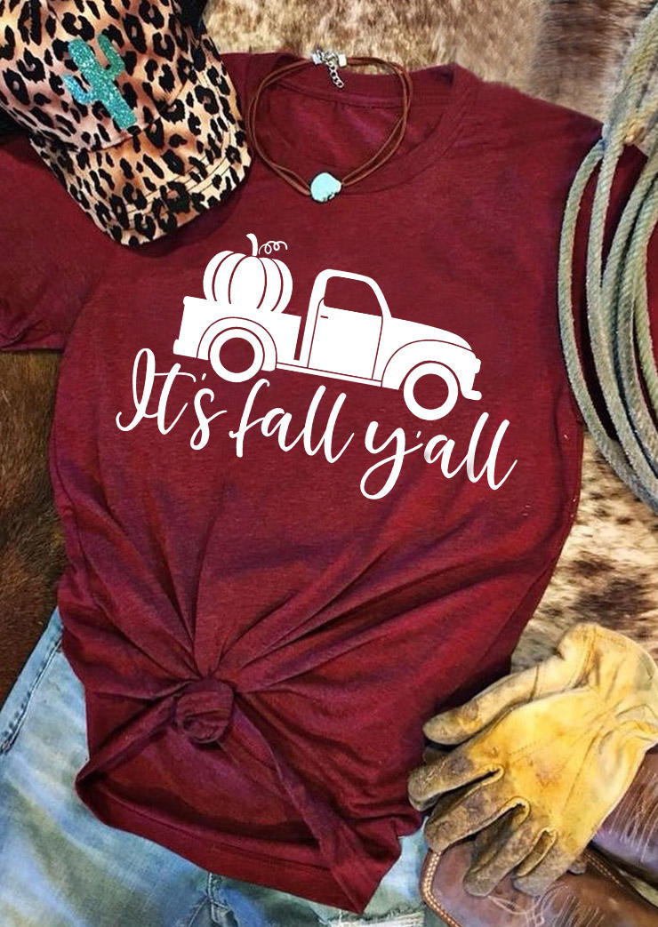 

It' Fall Y'all Pumpkin Truck O-Neck T-Shirt Tee - Burgundy, Red, SCM007499