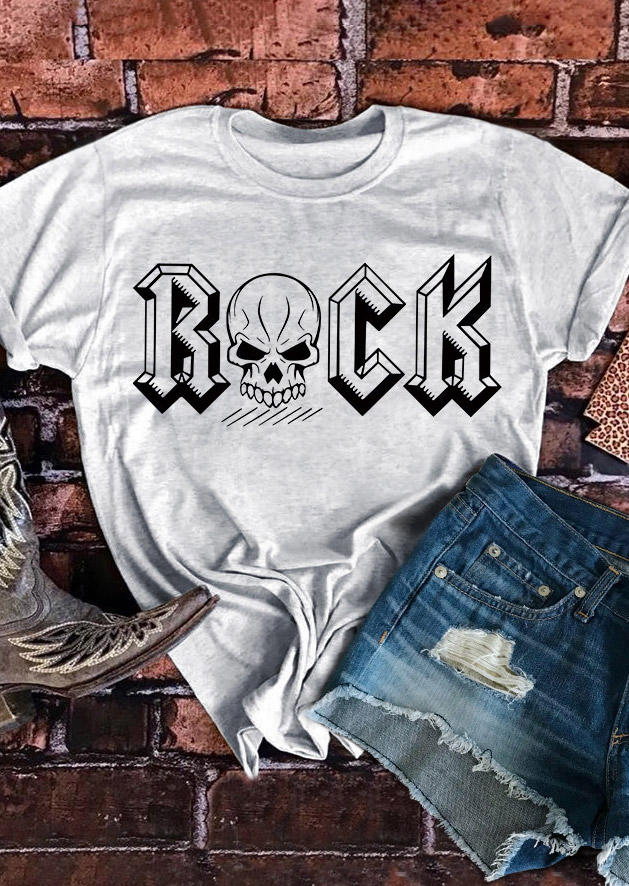 

Rock Skull Graphic T-Shirt Tee - Light Grey, Gray, SCM007502