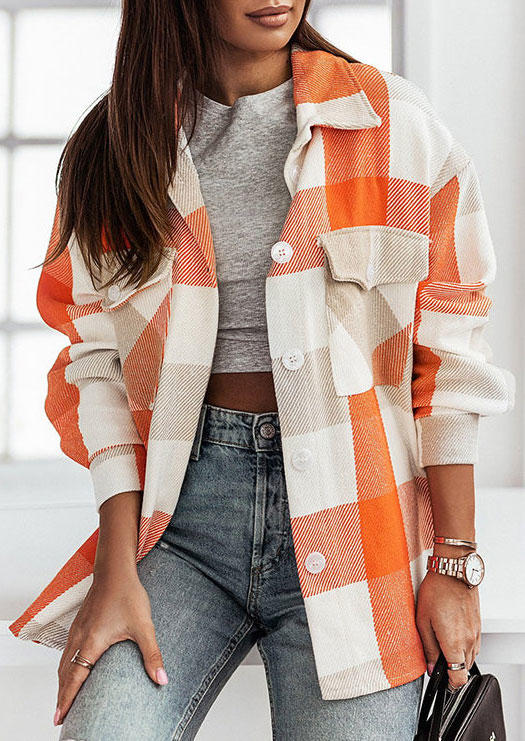 

Plaid Button Pocket Turn-down Collar Coat, Multicolor, SCM007537
