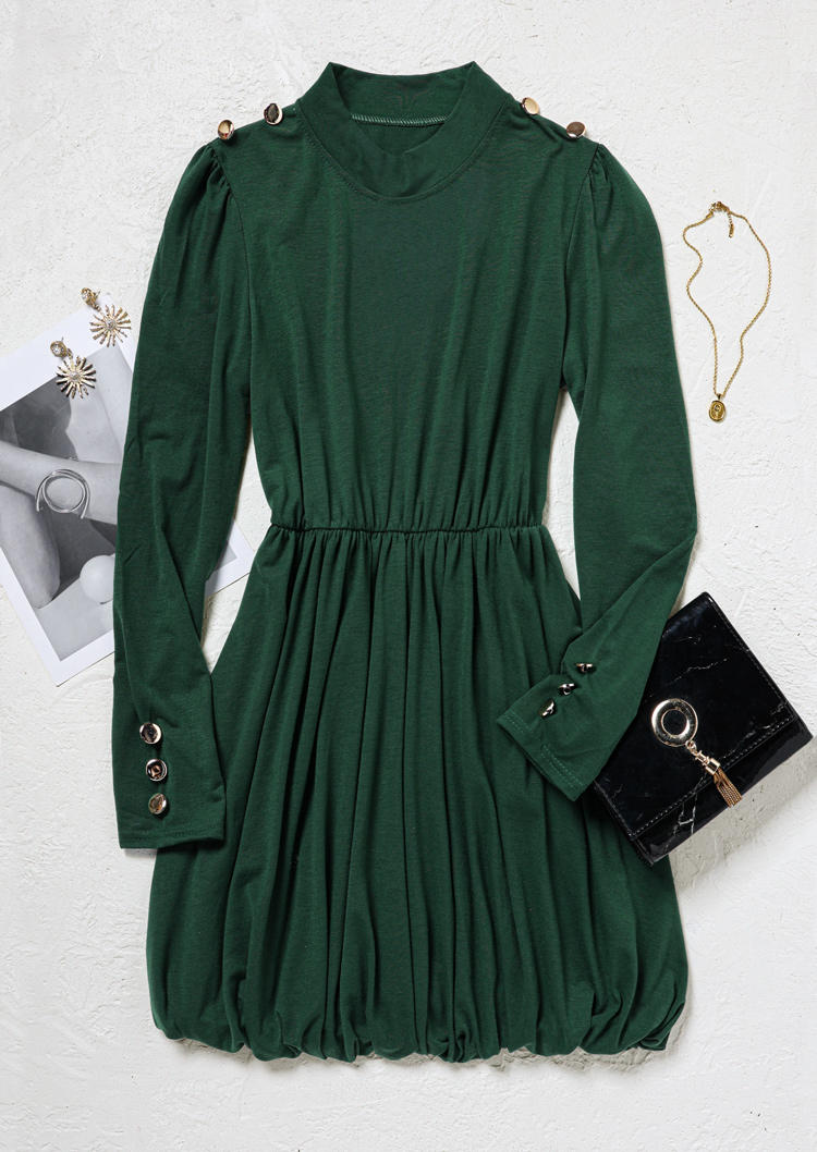 Button Ruffled Long Sleeve Mini Dress - Dark Green