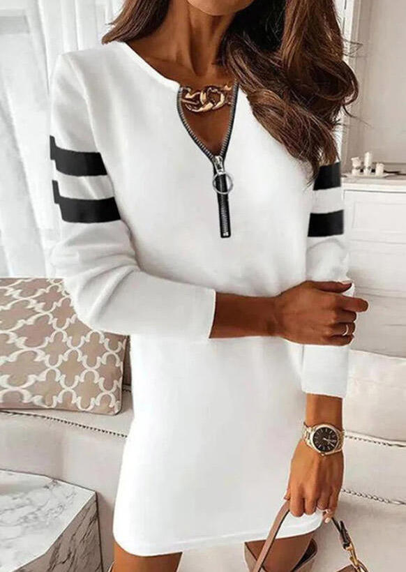 

Zipper Long Sleeve Mini Dress - White, SCM007571