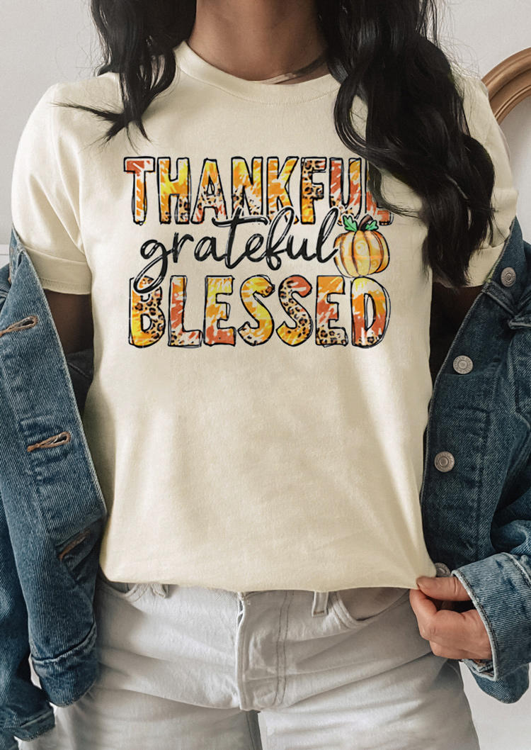 Thanksgiving Thankful Grateful Blessed Pumpkin Leopard T-Shirt Tee - Light Yellow