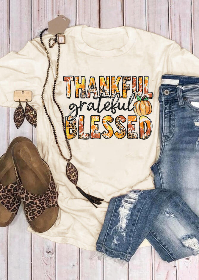 

Thankful Grateful Blessed Pumpkin Leopard T-Shirt Tee - Light Yellow, SCM007580