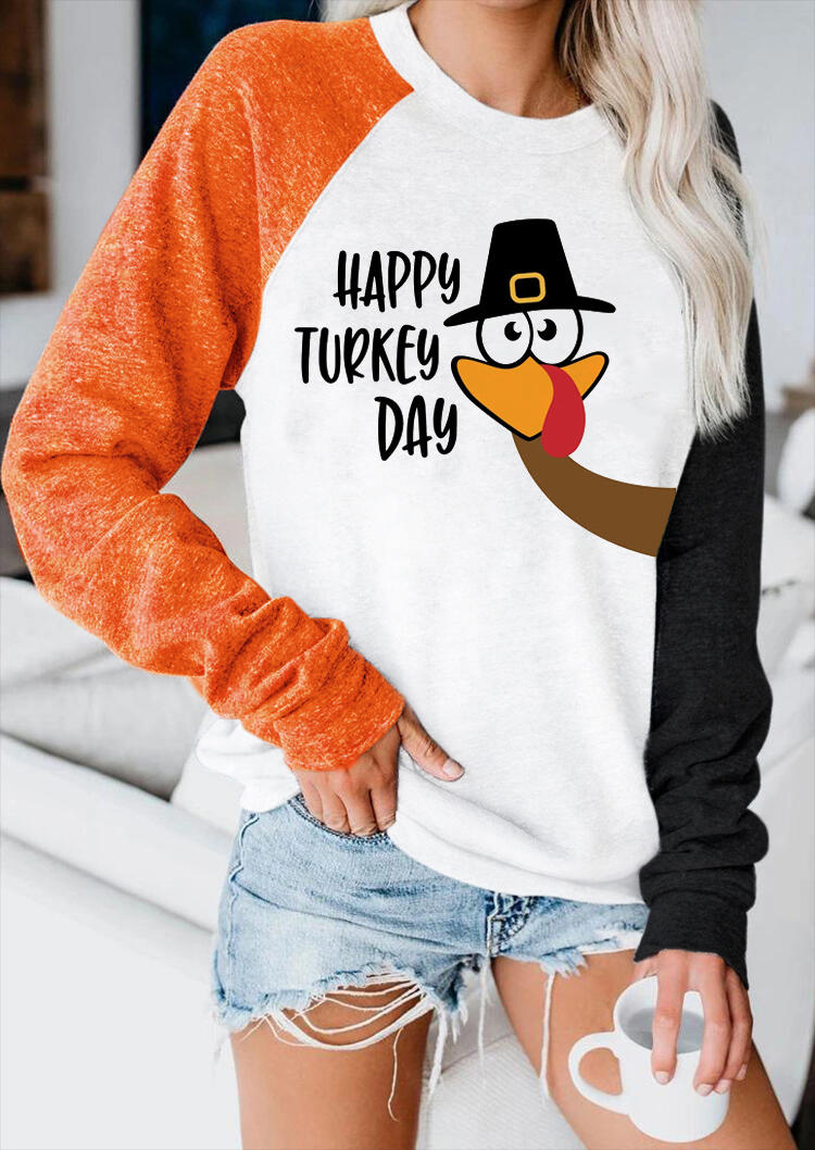 

Happy Turkey Day Color Block Pullover Sweatshirt - White, SCM007589