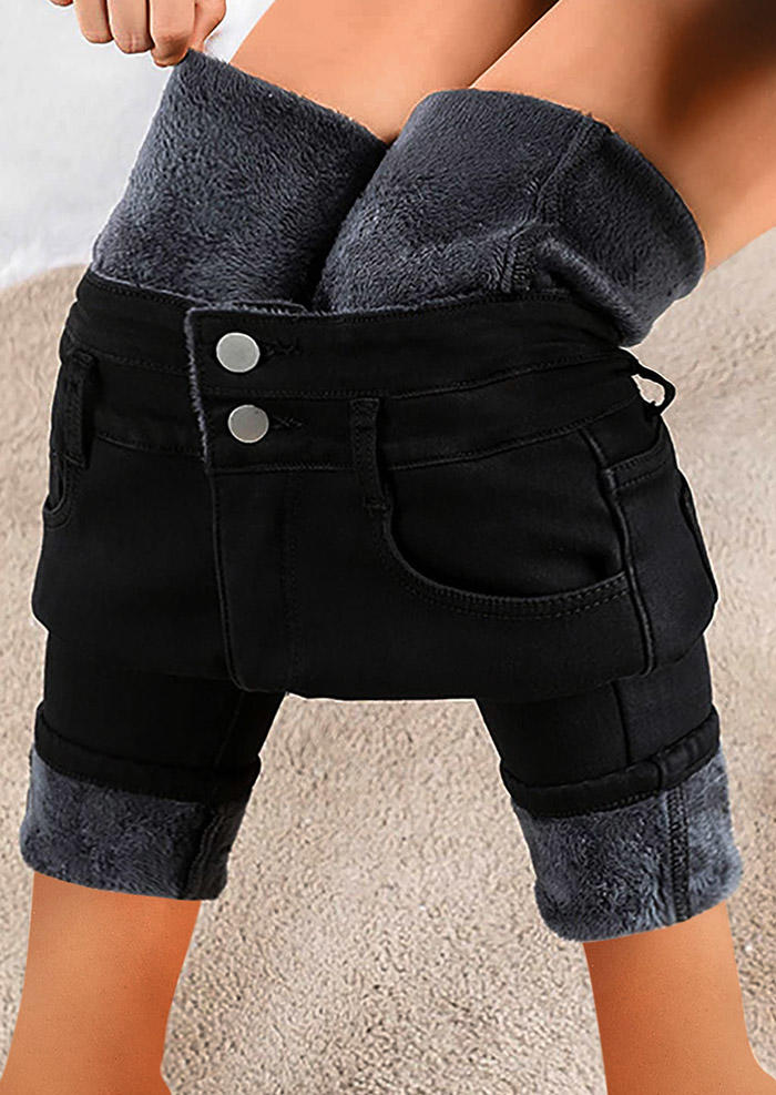 

Fleece Lined Button Zipper Pocket Denim Pants, Black, SCM007720