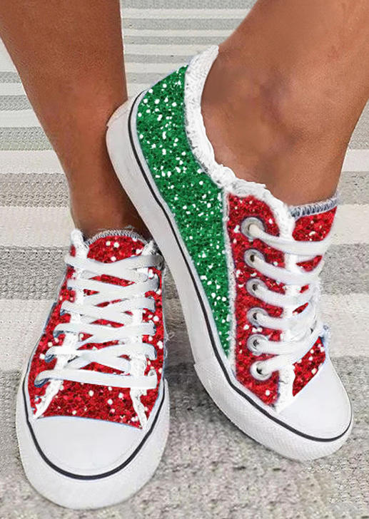 

Christmas Glitter Color-Blocked Lace-Up Sneakers, Multicolor, SCM007758