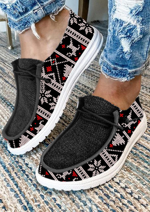 

Christmas Tree Snowflake Flat Sneakers - Black, SCM007761