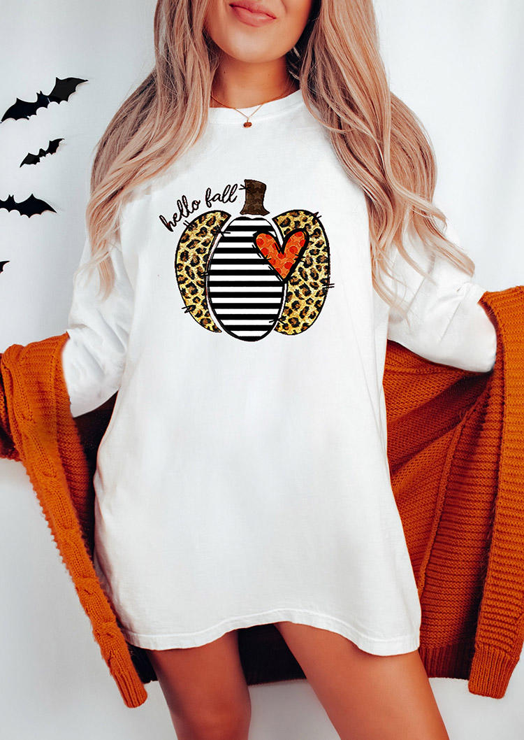 

Hello Fall Striped Leopard Pumpkin Heart Mini Dress - White, SCM007762