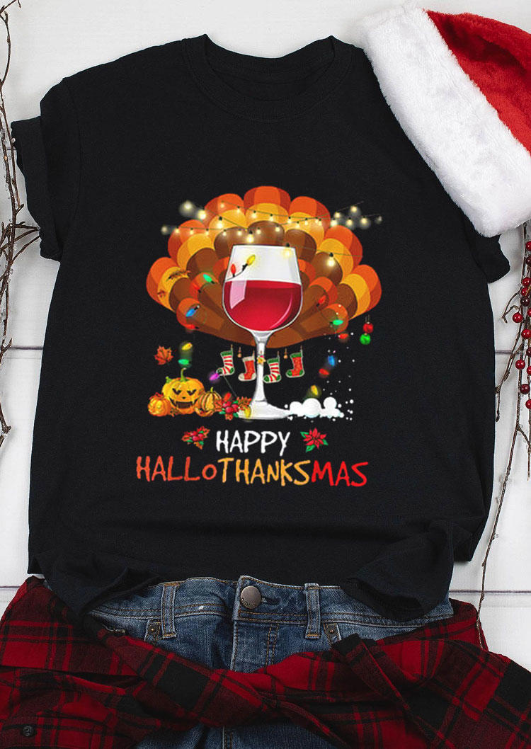 

Happy Hallothanksmas Wine Turkey Pumpkin Face T-Shirt Tee - Black, SCM007951