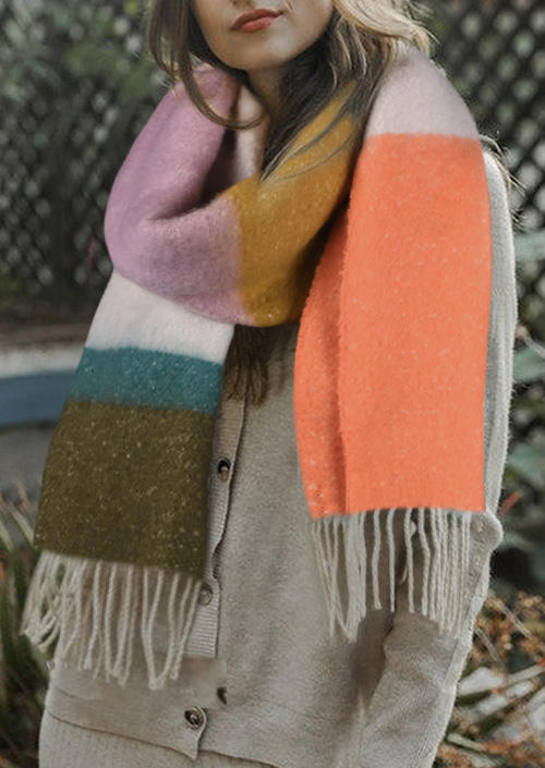 

Color Block Tassel Warm Long Scarf, Orange;red, SCM006724