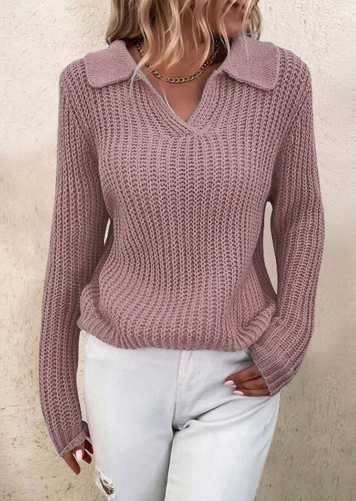 

Long Sleeve Turn-Down Collar Knitted Sweater - Pink, SCM006976