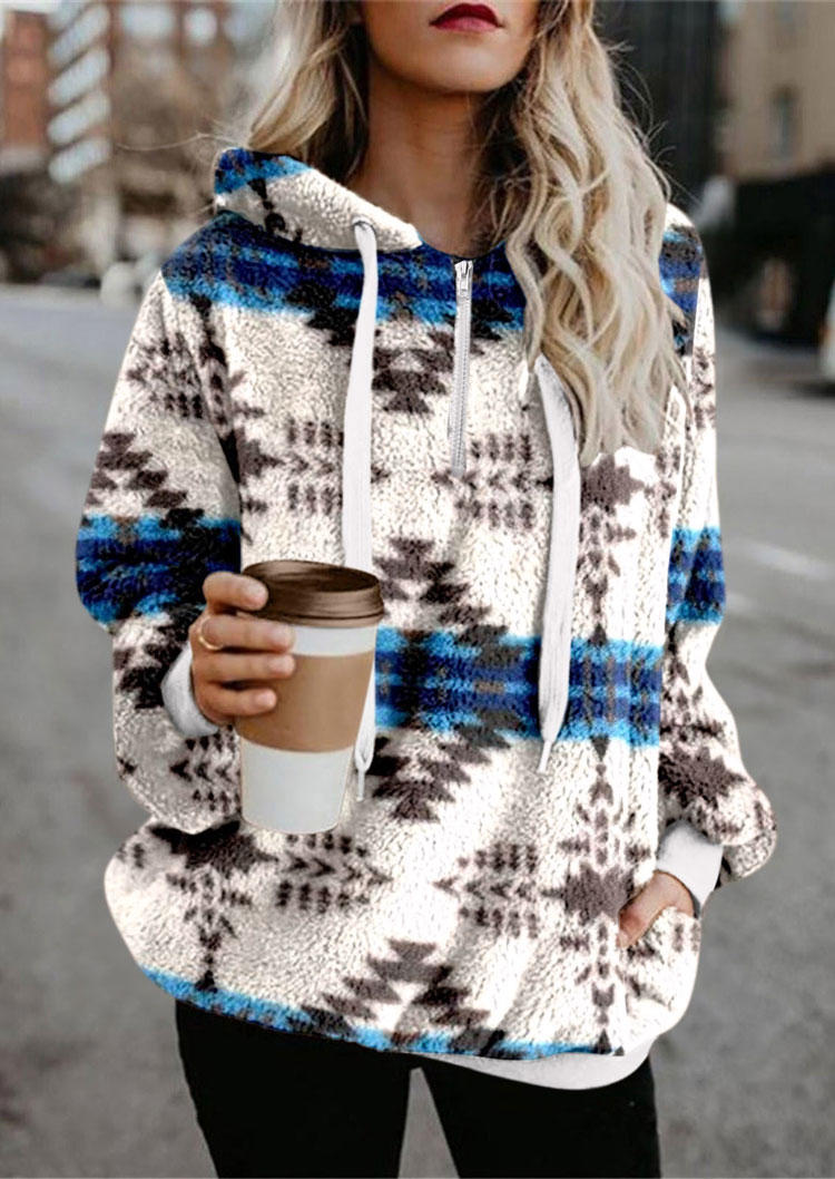 

Aztec Geometric Fleece Drawstring Pocket Hoodie, White, SCM006977