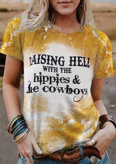 Raising Hell With The Hippies & The Cowboys Bleached T-Shirt Tee - Yellow