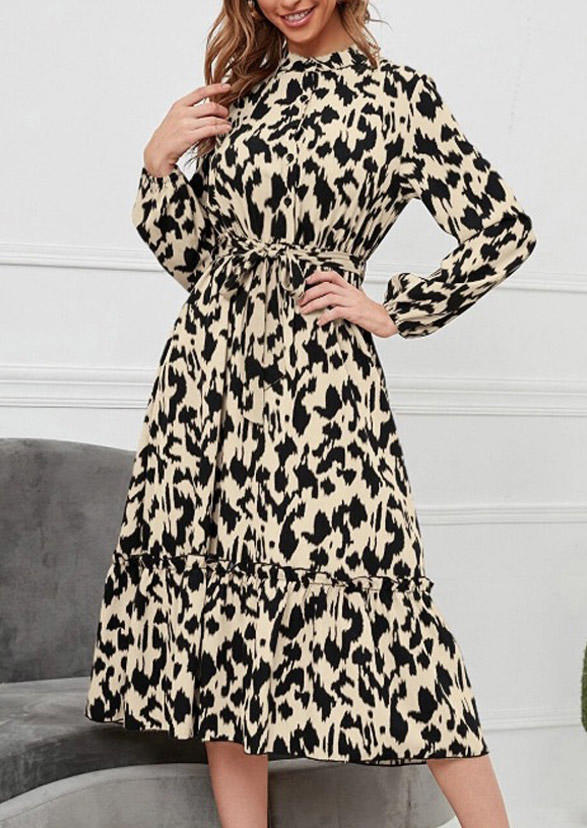 

Leopard Ruffled Button O-Neck Midi Dress, Multicolor, SCM007112