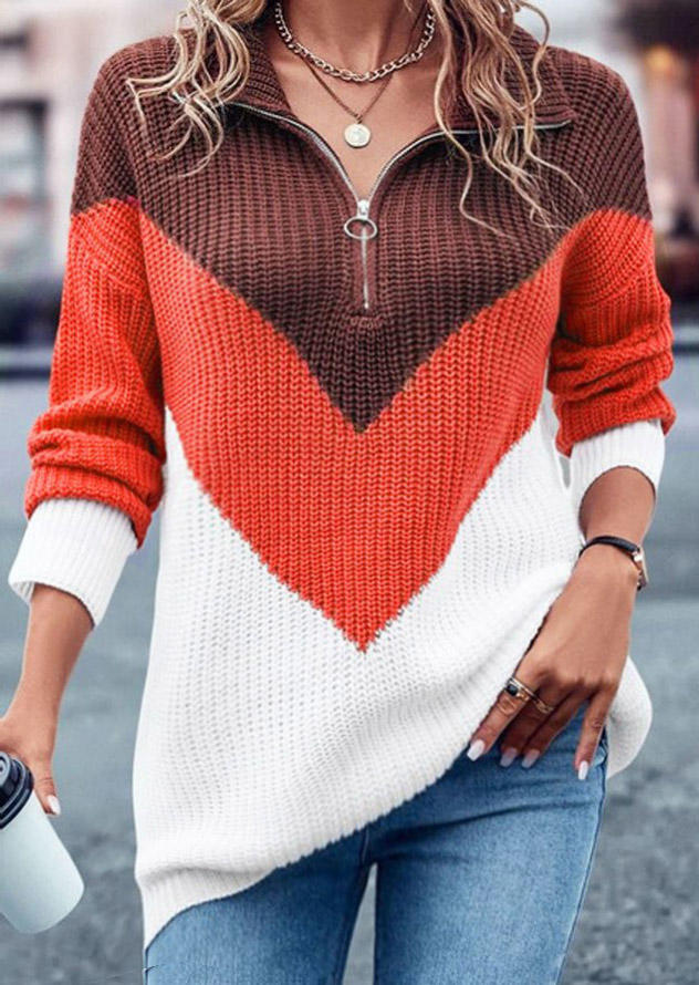 

Color Block Zipper Collar Long Sleeve Sweater, Multicolor, SCM007241