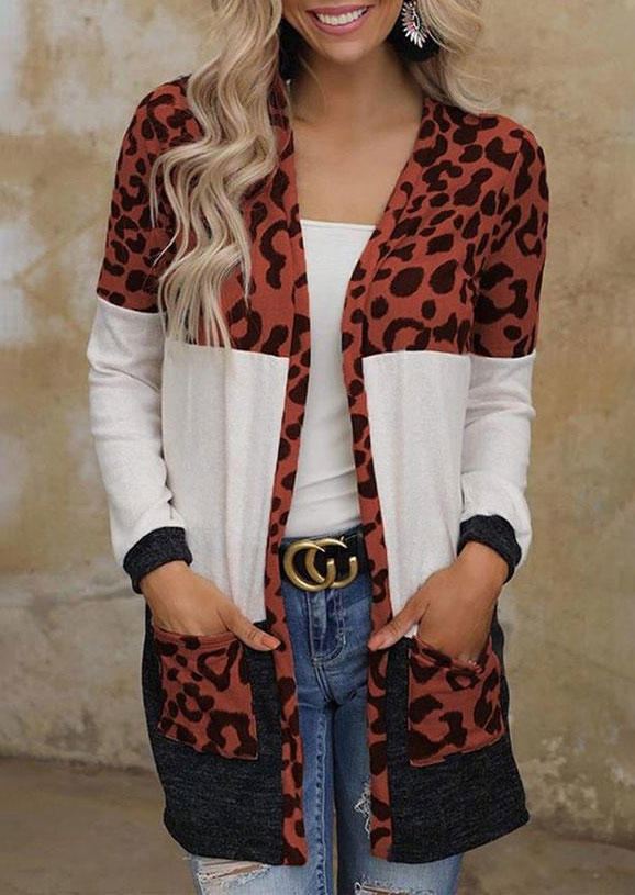 

Leopard Color Block Pocket Open Front Cardigan, Multicolor, SCM007268