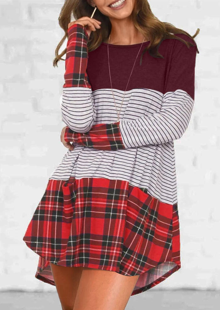 

Plaid Striped Color Block Long Sleeve Mini Dress - Burgundy, Red, SCM007311
