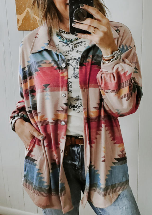 

Aztec Geometric Button Pocket Shirt, Multicolor, SCM007334
