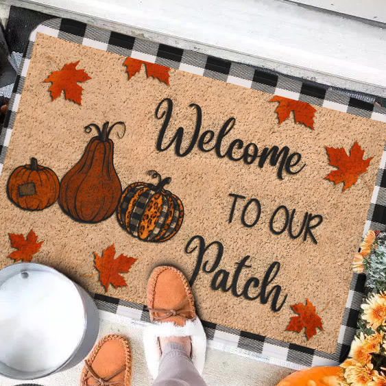 Welcome To Our Patch Leopard Plaid Maple Leaf Pumpkin Carpet