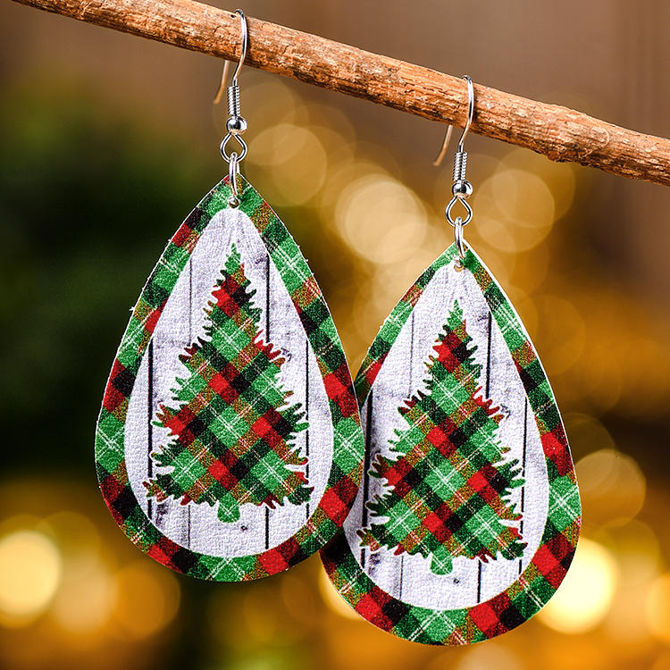Christmas Tree Plaid Water Drop Earrings