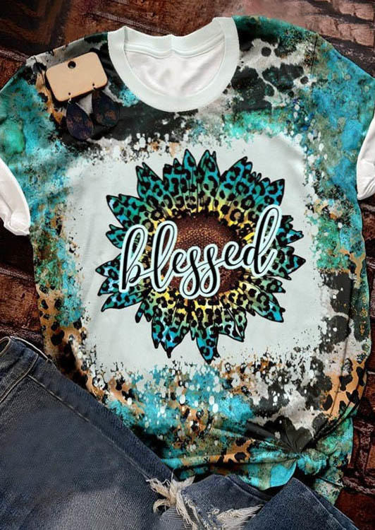 

Thanksgiving Blessed Sunflower Leopard Bleached T-Shirt Tee, Multicolor, SCM007408