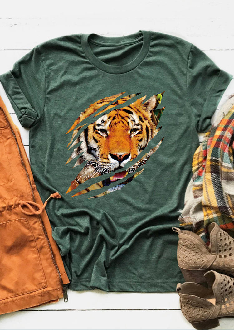 

Tiger O-Neck Casual T-Shirt Tee - Green, SCM007410