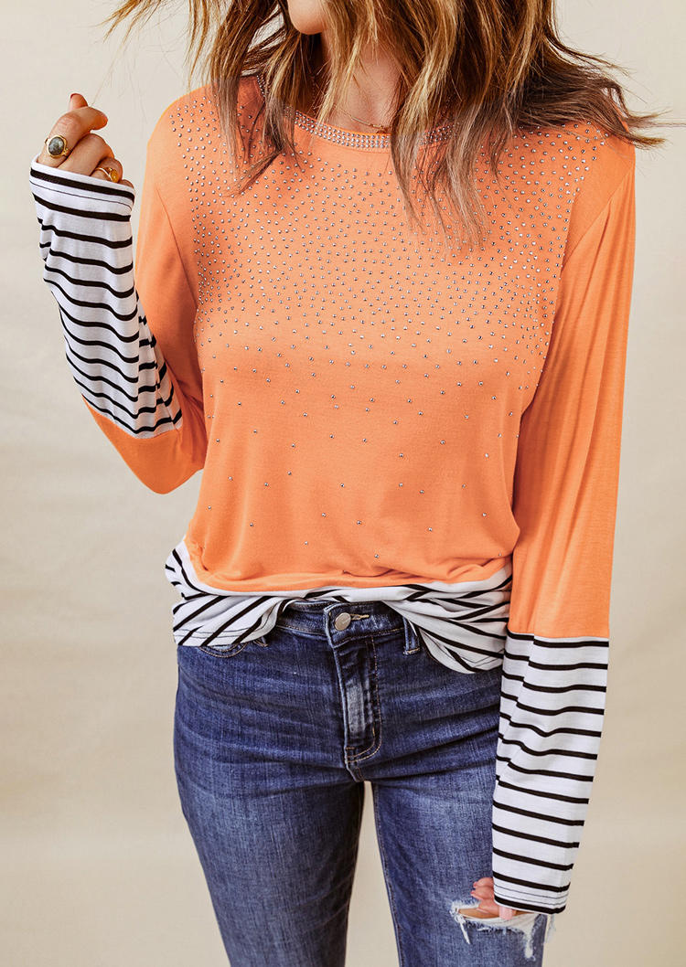 

Rhinestone Striped Long Sleeve Blouse - Orange, SCM007436