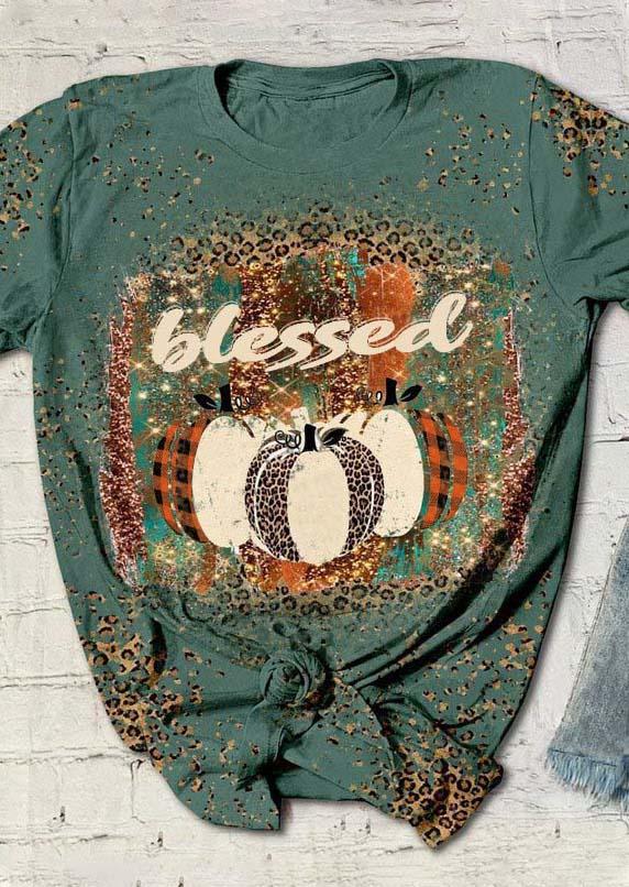 

Blessed Leopard Plaid Pumpkin Glitter T-Shirt Tee - Green, SCM007443