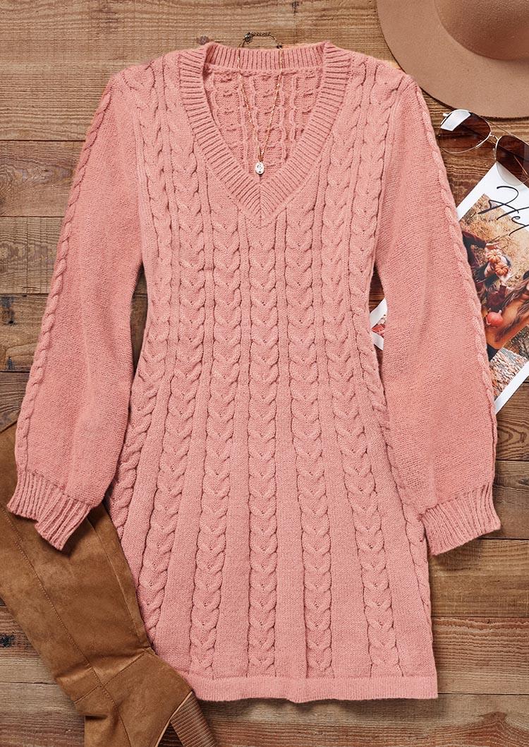 Crochet V-Neck Sweater Mini Dress - Pink