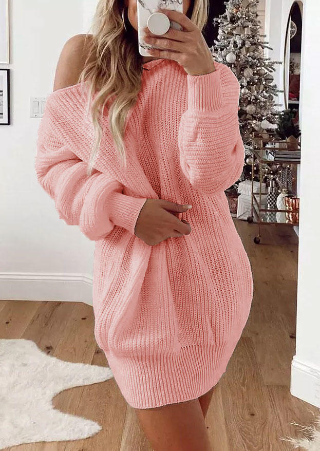 

Long Sleeve O-Neck Sweater Dress - Pink, SCM007459