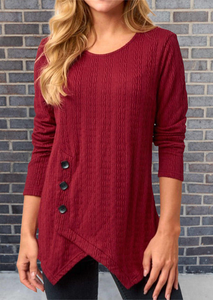 

Button Long Sleeve O-Neck Irregular Blouse - Burgundy, Red, SCM007548