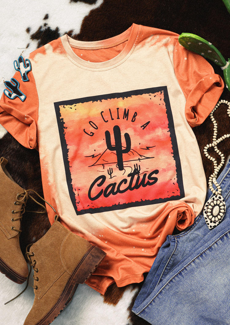 Go Climb A Cactus Bleached T-Shirt Tee - Orange, SCM007582