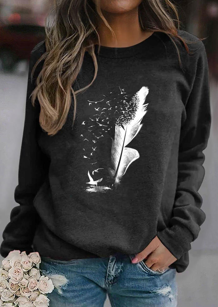 Feather Raglan Sleeve Pullover Sweatshirt - Black SCM007585