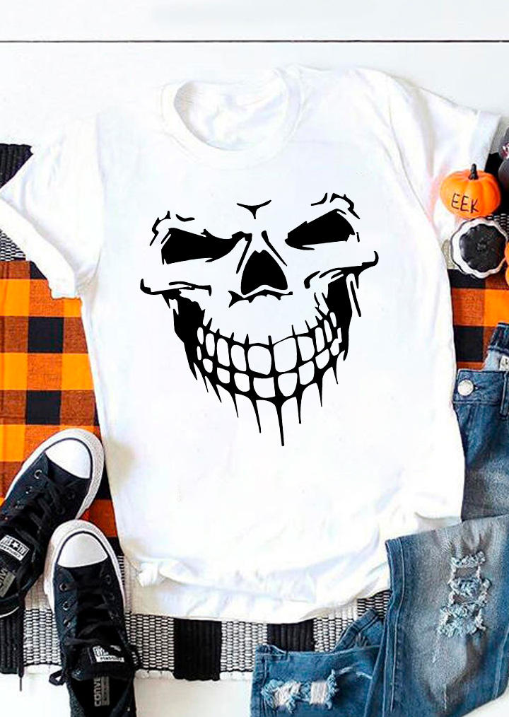 

Halloween Skull O-Neck Casual T-Shirt Tee - White, SCM007694