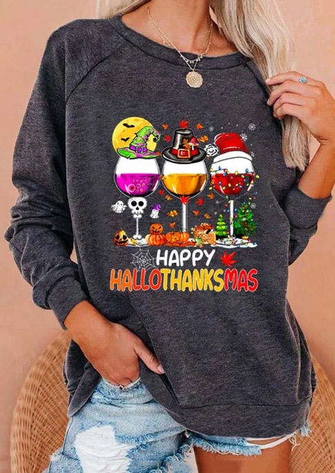 

Happy Hallothanksmas Pumpkin Wine Glass Sweatshirt - Dark Grey, Gray, SCM007817
